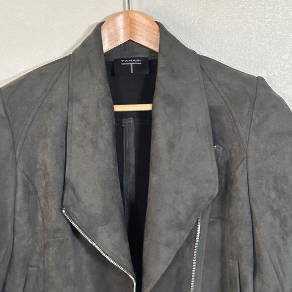 Tahari T Faux Suede Moto Jacket Women’s Gray Waterfall Layered Casual Chic Sz XS - Picture 4 of 10